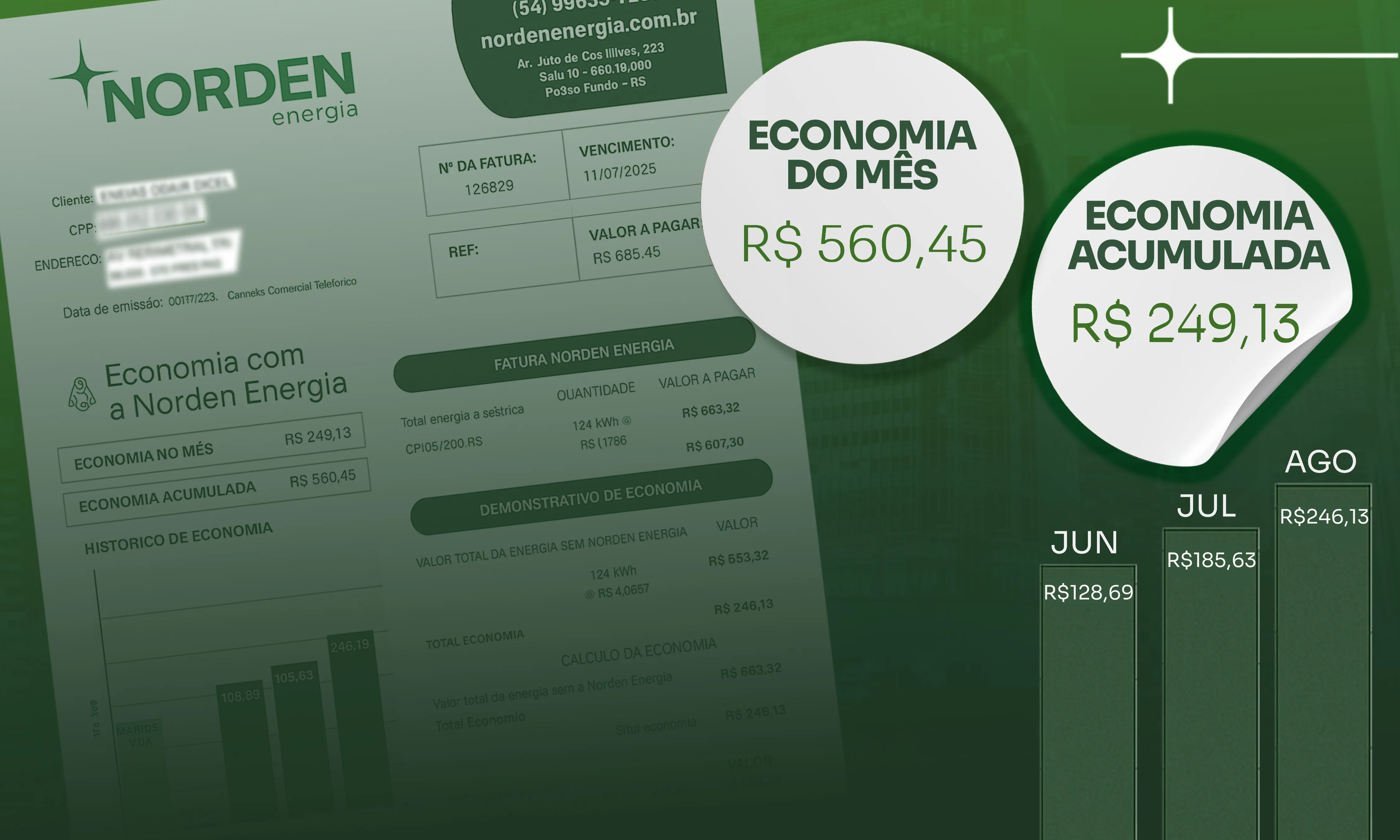 Exemplo de uma conta de luz mostrando a economia real com os créditos de energia da Norden.